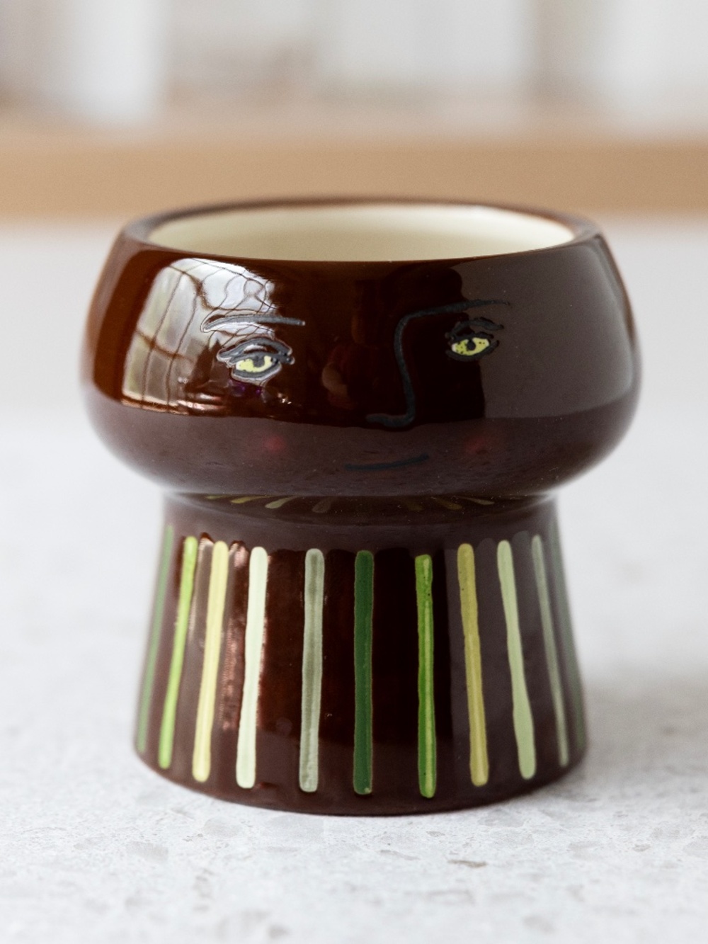 Opal House brown face ceramic planter with green stripes 3.5 inches